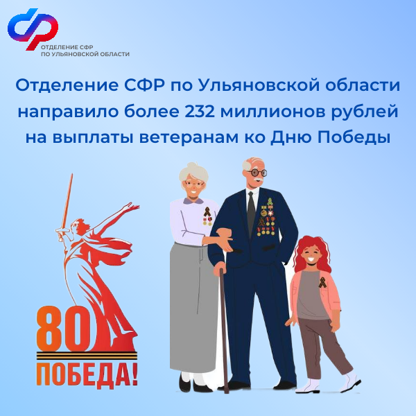 Отделение СФР по Ульяновской области направило более 232 миллионов рублей на выплаты ветеранам ко Дню Победы.