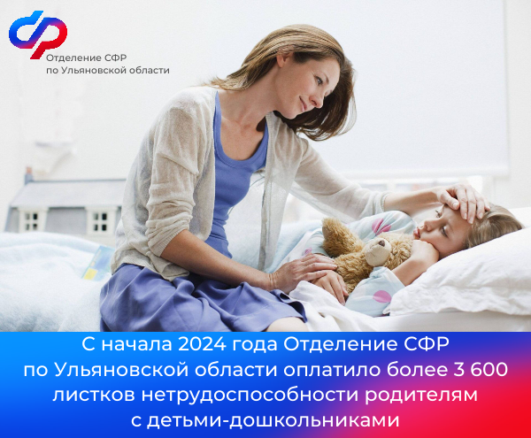 С начала 2024 года Отделение СФР по Ульяновской области оплатило 3 650 листков нетрудоспособности родителям с детьми-дошкольниками. С начала 2024 года Отделение СФР по Ульяновской области оплатило 3 650 листков нетрудоспособности родителям с детьми-дошкольниками.